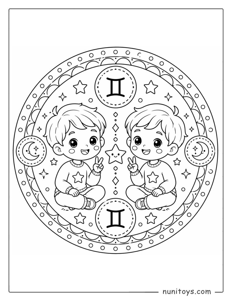 Gemini mandala coloring page featuring playful faces and easy symmetrical design for kids