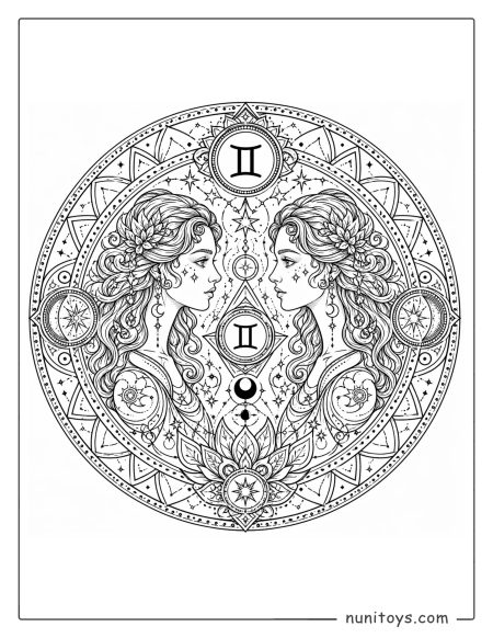 Gemini mandala coloring page featuring dual figures within layered circular pattern design
