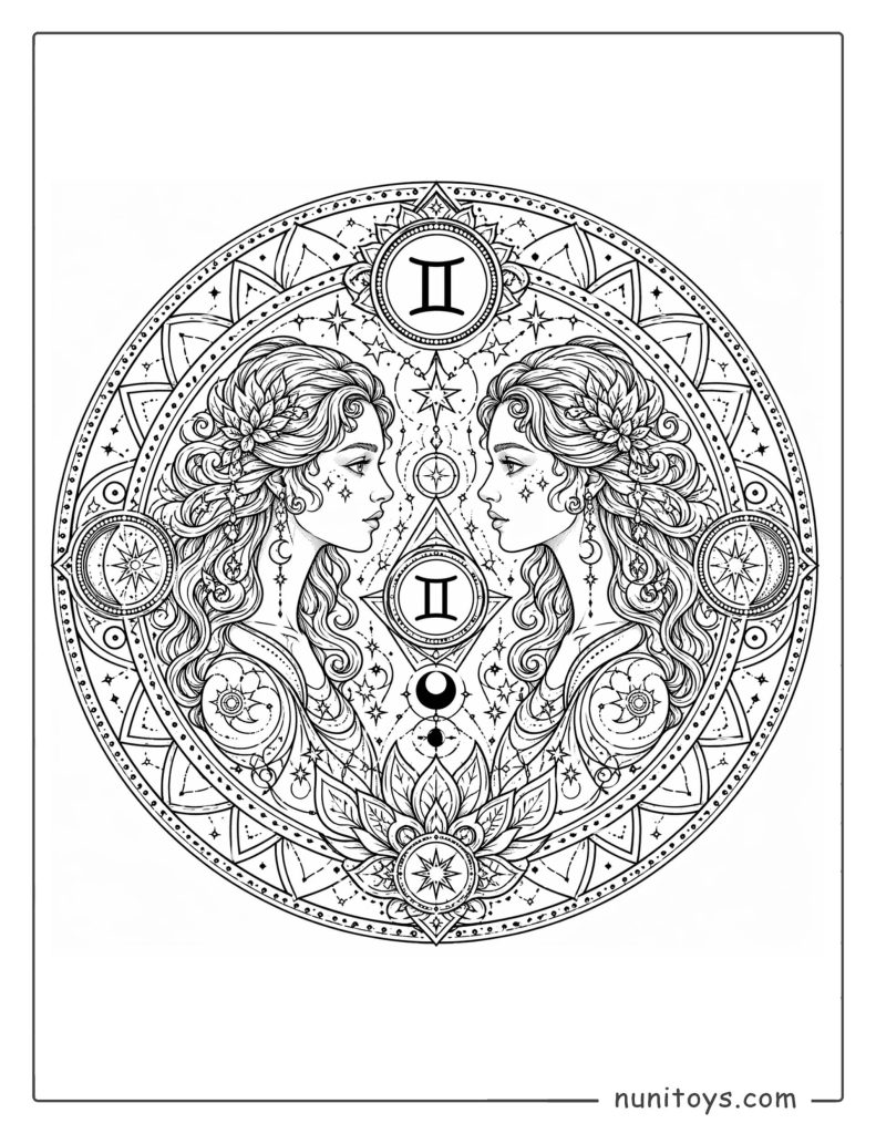 Gemini mandala coloring page featuring dual figures within layered circular pattern design