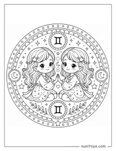 Gemini mandala coloring page with cute twin characters and simple circular patterns