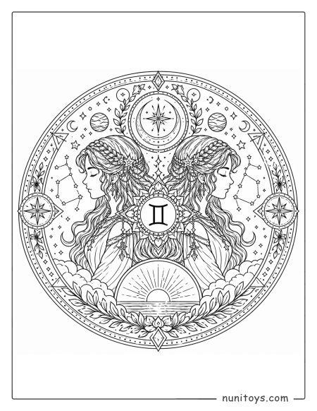 Gemini mandala coloring page with elaborate details and high precision pattern work