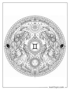 Gemini zodiac sign mandala coloring page with fine textures and layered ornamental structure