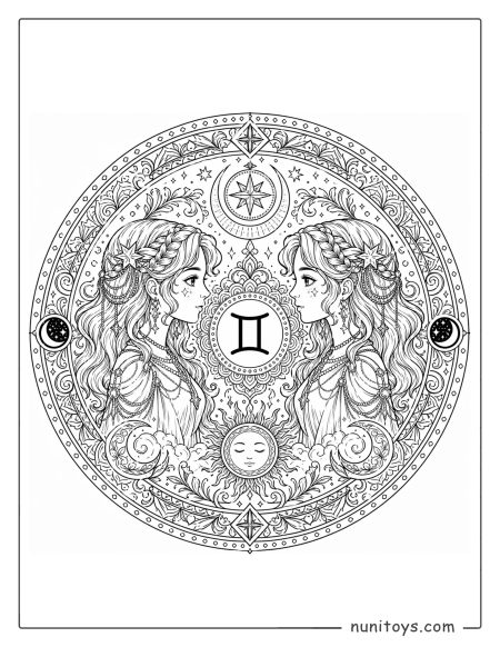 Gemini zodiac sign mandala coloring page with fine textures and layered ornamental structure