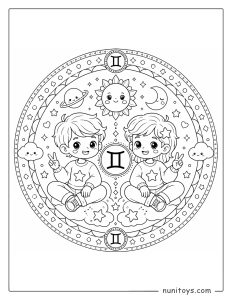 Gemini mandala coloring page with fun shapes and friendly zodiac inspired elements