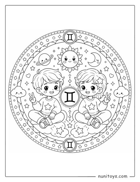 Gemini mandala coloring page with fun shapes and friendly zodiac inspired elements