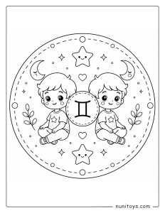 Gemini mandala coloring page with minimal details and playful balanced composition