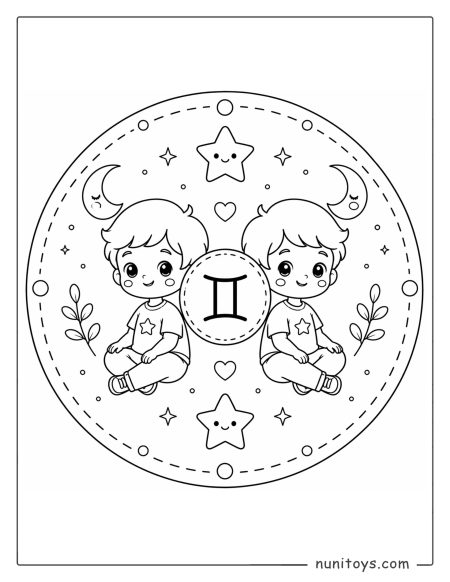 Gemini mandala coloring page with minimal details and playful balanced composition