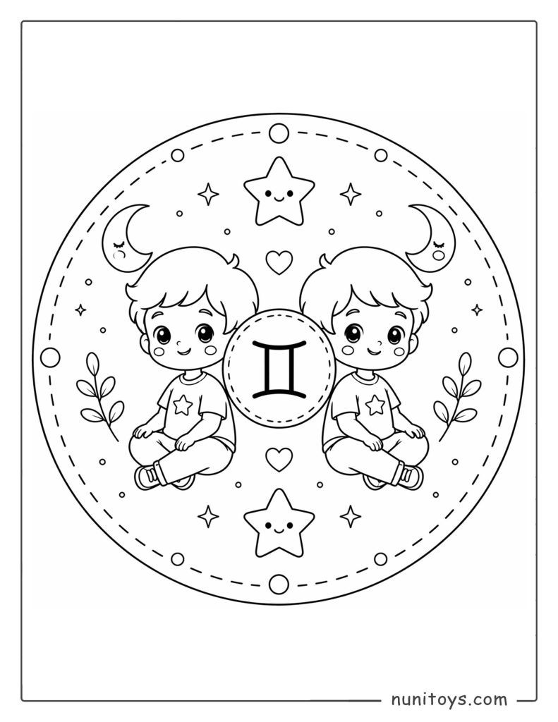 Gemini mandala coloring page with minimal details and playful balanced composition