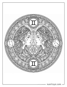 Gemini mandala coloring page with mirrored twin faces and intricate geometric symmetry