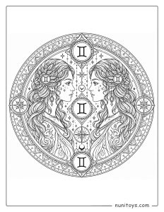 Gemini mandala coloring page with structured geometry and flowing symmetrical composition