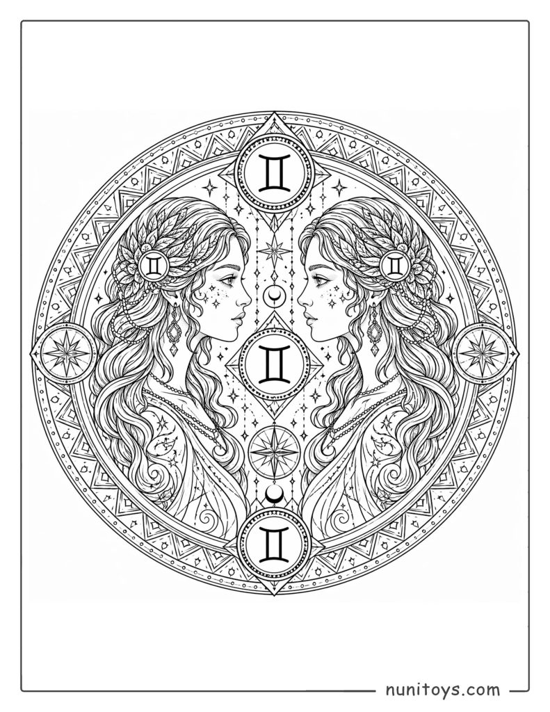 Gemini mandala coloring page with structured geometry and flowing symmetrical composition
