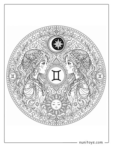 Gemini zodiac sign mandala coloring page featuring dense patterns