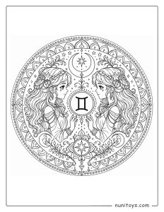 Gemini mandala coloring page with intricate linework and complex symmetrical twin design