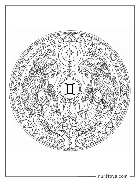 Gemini mandala coloring page with intricate linework and complex symmetrical twin design