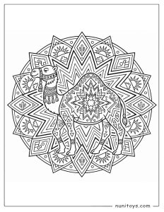 Geometric Camel Mandala Coloring page with Desert Symbols