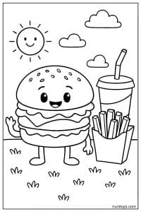 Happy Burger Meal Coloring Page with Fries and Drink