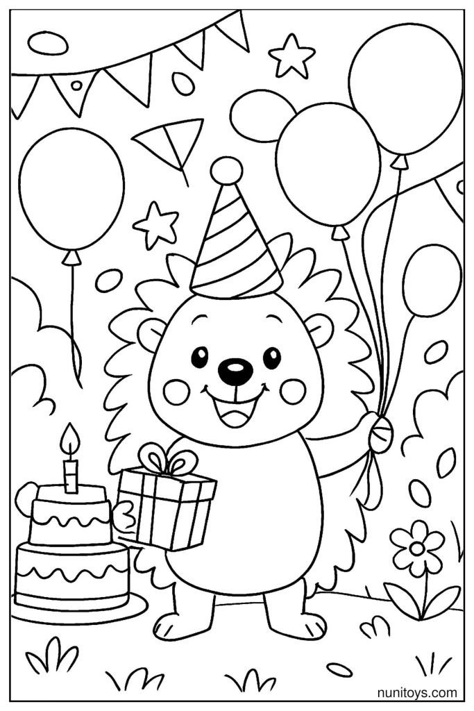 דף צביעה של קיפוד חוגג יום הולדת עם בלונים ועוגה