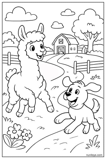 Happy alpaca plays with dog on country path Coloring Page