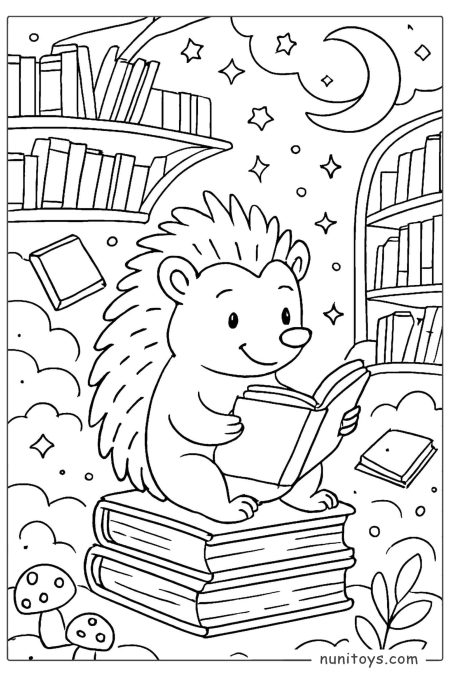 Hedgehog Reading Books in a Magical Floating Library Coloring Page