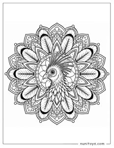 Hoatzin Bird Framed by Feather Mandala Coloring Page