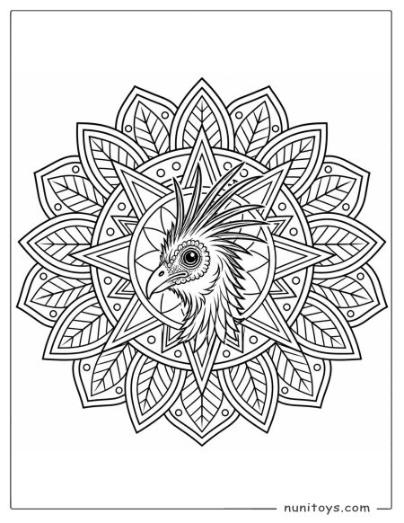 Hoatzin Bird Head with Leaf Mandala Coloring Page