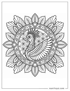 Hoatzin Bird Spreading Wing in Leaf Mandala Coloring Page