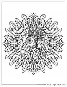 Hoatzin Bird with Feather Mandala Coloring Page