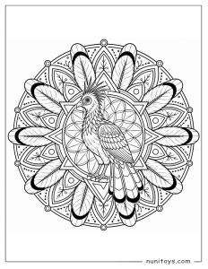 Hoatzin Standing Against Feather Circle Mandala Coloring Page