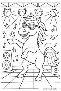 Horse Dancing Under Stage Lights with Music Notes