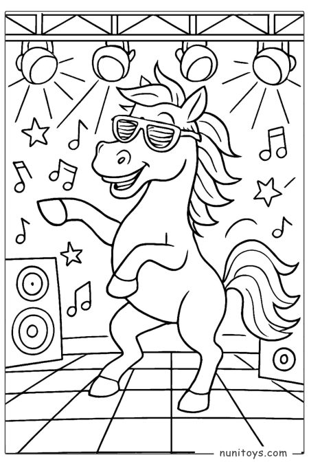 Horse Dancing Under Stage Lights with Music Notes