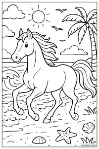 Horse Running Along a Beach with Waves and Palm Tree