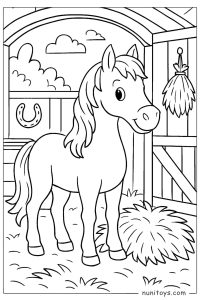 Horse Standing Inside a Barn with Hay and Tools