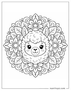 Kawaii Alpaca Face with Flower Mandala Coloring Page