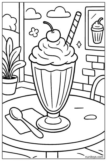 Milkshake Coloring Page on Café Table with Spoon, Straw, and Napkin