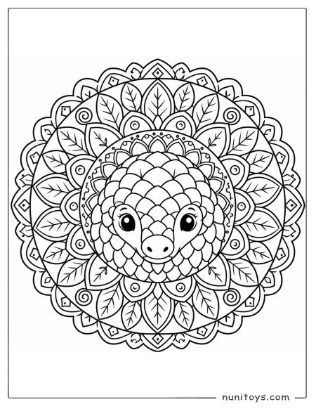 Pangolin Mandala Coloring Sheet with Leaf Frame