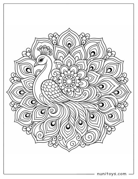 Peacock Coloring Page with Flowing Mandala Tail