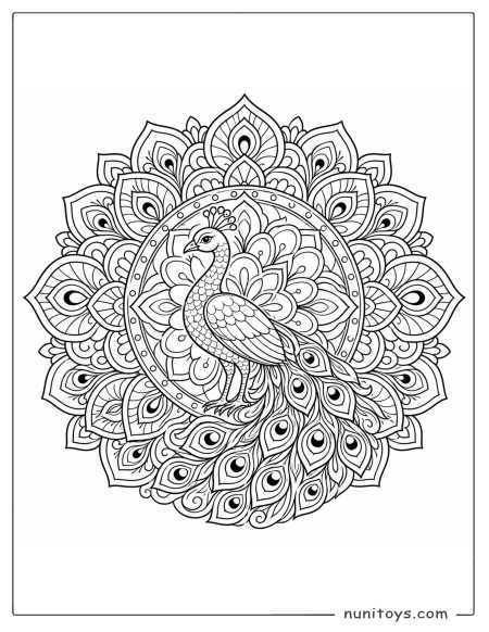 Peacock Coloring Sheet with Flowing Tail Mandala