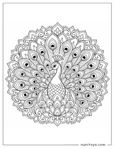Peacock Mandala Coloring Page with Full Feather Fan
