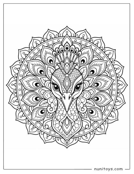Peacock Mandala Coloring Sheet with Feather Patterns