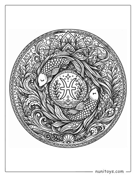 Pisces mandala coloring page combining abstract aquatic themes and detailed structure