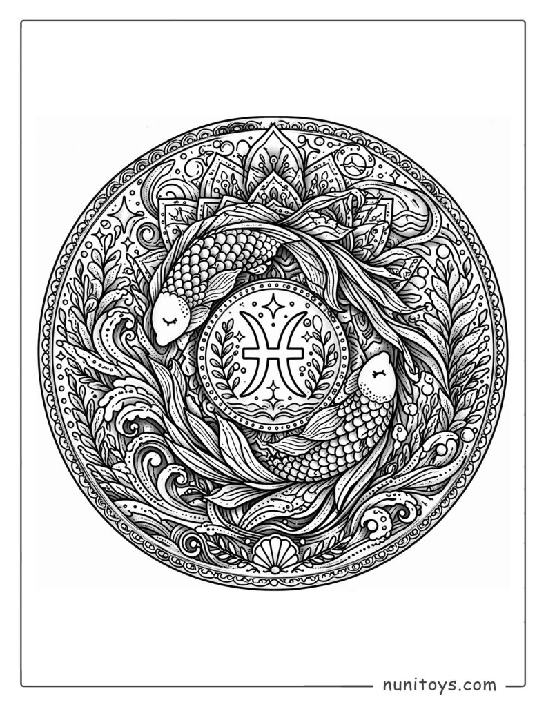 Pisces mandala coloring page combining abstract aquatic themes and detailed structure