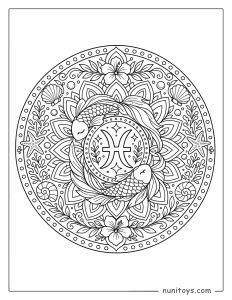 Pisces mandala coloring page combining sea elements and elegant floral mandala structure