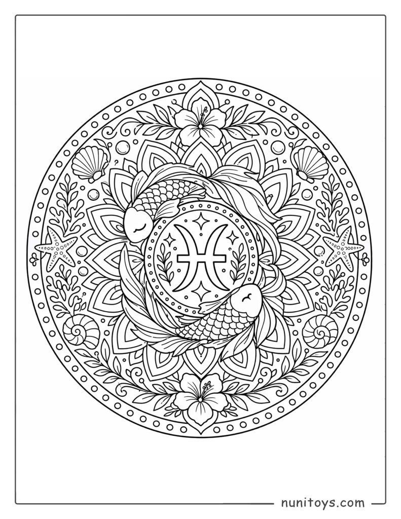 Pisces mandala coloring page combining sea elements and elegant floral mandala structure