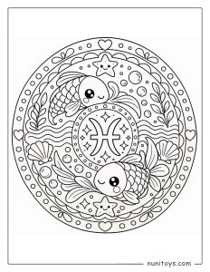 Pisces mandala coloring page combining simple symmetry and friendly aquatic elements