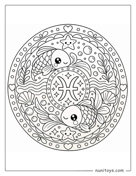 Pisces mandala coloring page combining simple symmetry and friendly aquatic elements