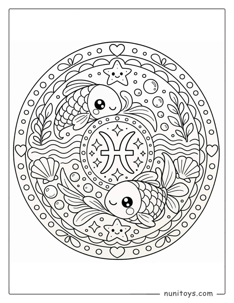 Pisces mandala coloring page combining simple symmetry and friendly aquatic elements