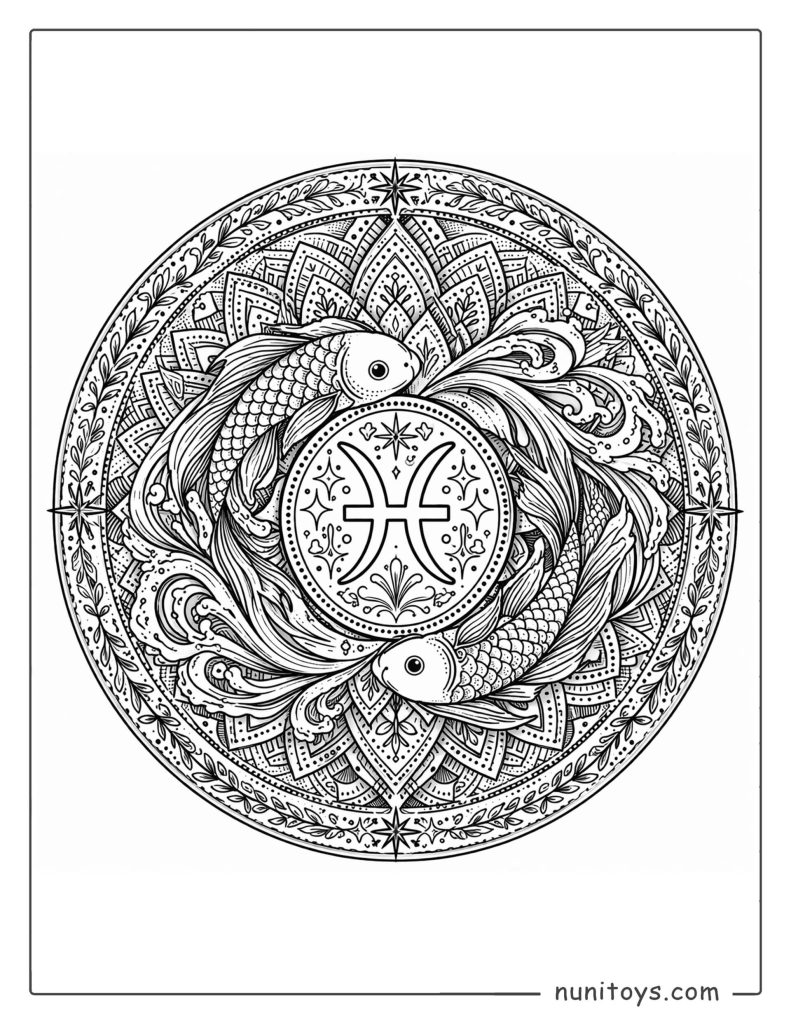 Pisces mandala coloring page combining symmetry and fluid motion inspired design elements