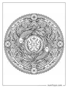 Pisces mandala coloring page featuring complex symmetry and fine line zodiac elements