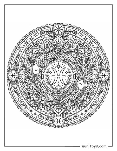 Pisces mandala coloring page featuring complex symmetry and fine line zodiac elements