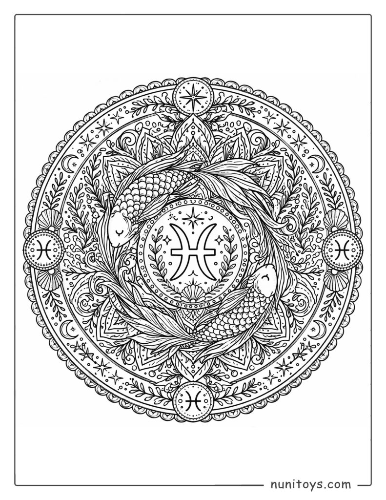 Pisces mandala coloring page featuring complex symmetry and fine line zodiac elements